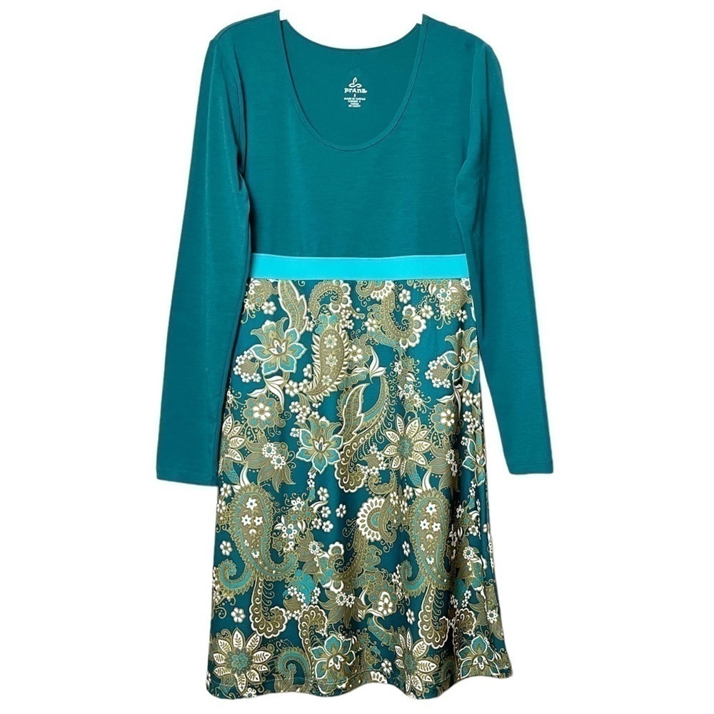 prAna‎ athleisure dress long sleeve stretch knit green paisley comfy casual